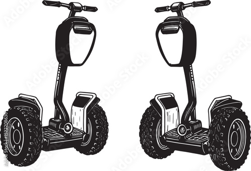 Monochrome Illustration of Two Segways, Vintage Style Transporta