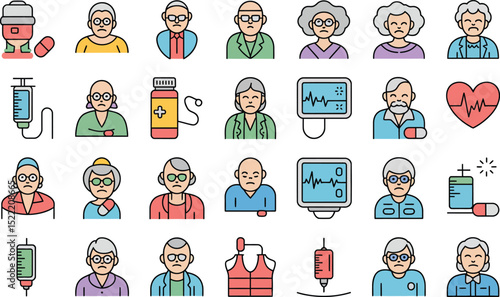 Senior healthcare icons and geriatric medicine symbols color line art