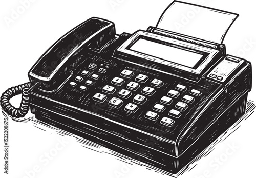 Vintage fax machine illustration in monochrome with woodcut styl