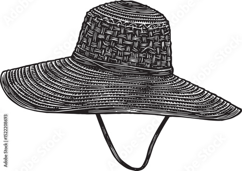 Classic sunhat hand-drawn with woodcut style, vintage summer ele