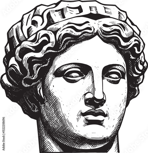 Detailed black and white woodcut illustration of a classical scu