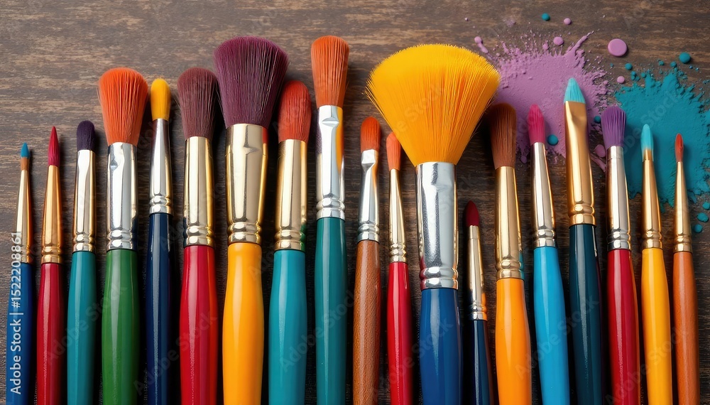 Fototapeta premium Assortment of paintbrushes, various sizes & shapes, on wooden surface , gouache, artistic, visual arts