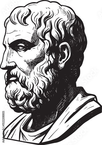 Monochrome woodcut rendering of a classical bust evoking ancient