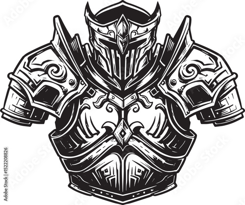 Intricate Woodcut Illustration of Medieval Warrior Armor in Blac