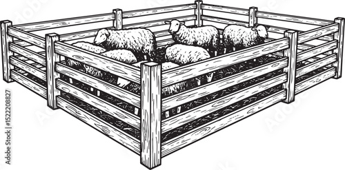 Stylized Sheep Pen Illustration, Black and White Woodcut Farm An