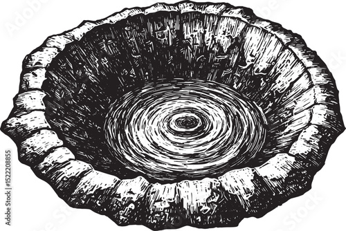 Monochrome depiction of a swirling pool inside a rough stone bas