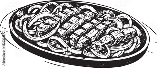 Grayscale Artistic Illustration of Sizzling Fajitas with Onions