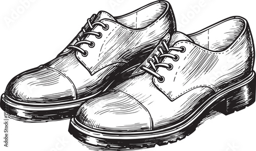 Elegant pair of shoes hand drawn, woodcut design, footwear illus