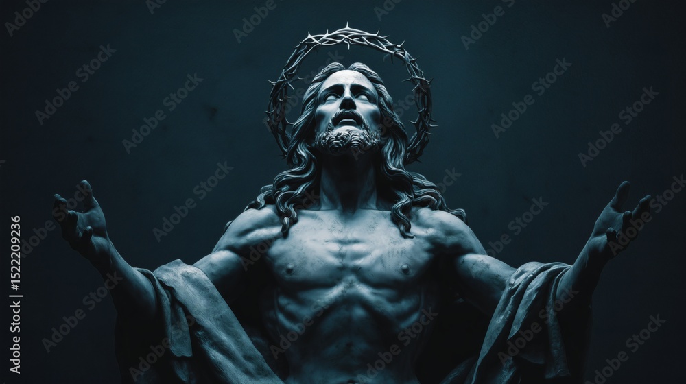 Dramatic lighting on Jesus statue with arms raised, religious and spiritual concept Dramatic lighting on Jesus statue with arms raised, religious and spiritual concept