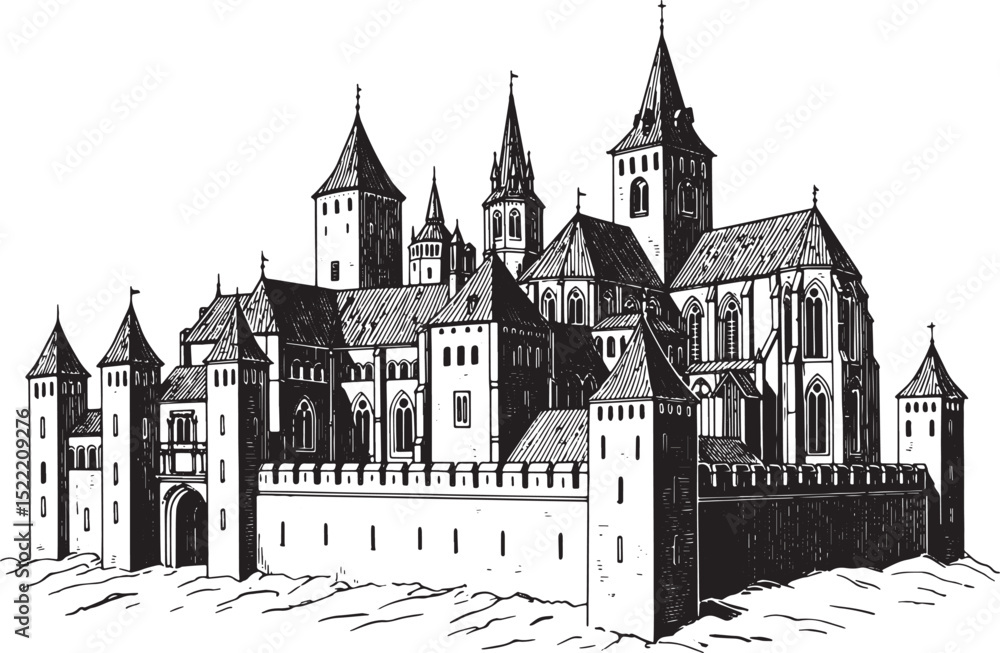 Obraz premium Elegant Renaissance Castle Woodcut, A Timeless Black and White I