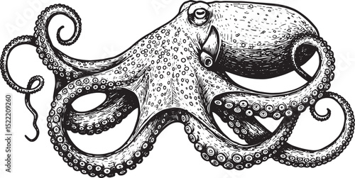 Detailed Woodcut Illustration of an Octopus with Intricate Tenta