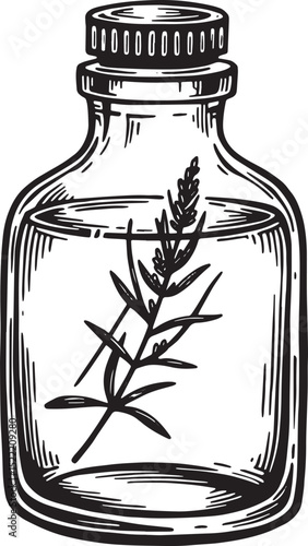 Elegant monochrome illustration of tincture bottle with botanica