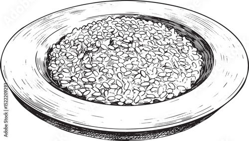 Elegant black and white woodcut illustration of a risotto dish s