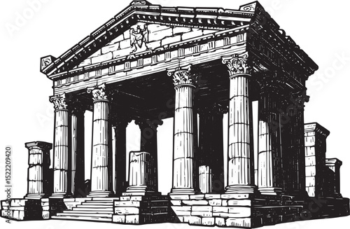 Detailed Black and White Woodcut Illustration of an Ancient Monu