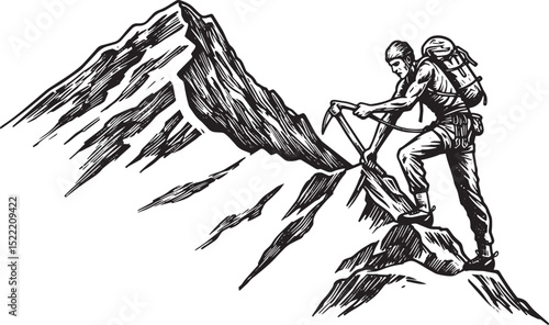 Woodcut Illustration of a Mountain Climber Ascending a Peak with