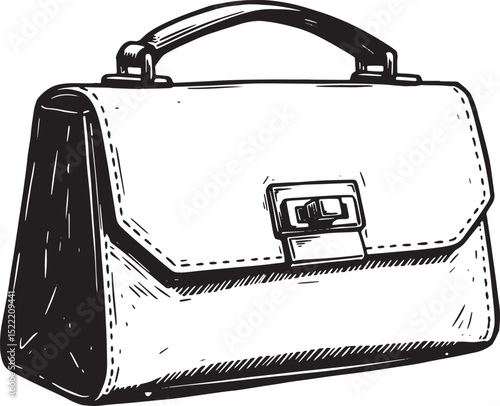 Elegant woodcut illustration of a classic leather handbag in bla