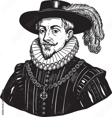 Elegant courtier portrait with ruffled collar and feathered hat