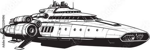 Futuristic interstellar yacht illustration in black and white st