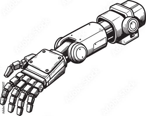 Intricate Woodcut Illustration of a Detailed Mechanical Robot Ar