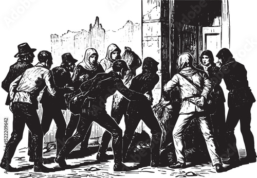 Historical depiction of looting a building with people carrying