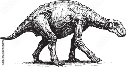 Detailed Woodcut Illustration of an Iguanodon Dinosaur Walking P
