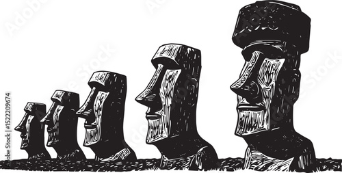 Monochrome woodcut illustration showcasing the iconic Moai statu