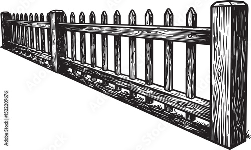 Detailed woodcut drawing of a vintage-style park fence in black