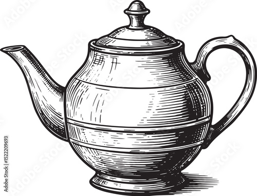 Vintage Herbal Tea Pot Woodcut Illustration in Black and White S