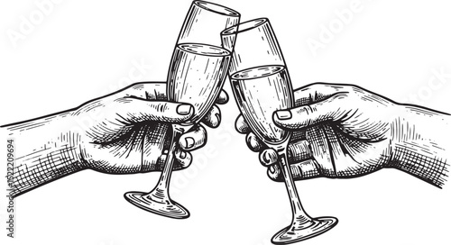 Elegant Woodcut Illustration of Hands Toasting with Champagne Gl