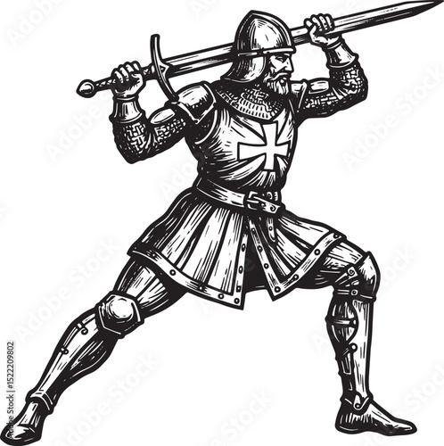 Medieval Knight Warrior in Armor, Woodcut Style Black and White