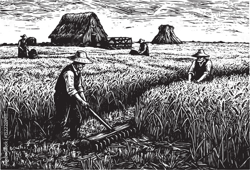 Vintage Woodcut Illustration of Farmers Harvesting Wheat in a Fi