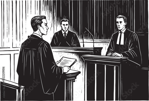 Monochrome Woodcut Illustration Depicting Legal Proceedings in C