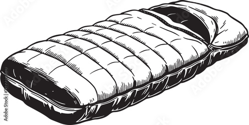 Detailed black and white woodcut illustration of a sleeping bag