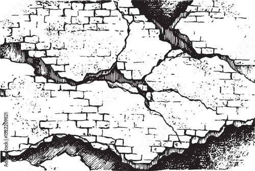 Detailed woodcut illustration of crumbling brick and plaster wal