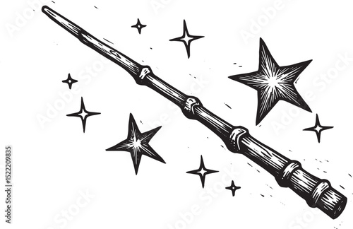 Enchanting Woodcut Illustration of a Magic Wand and Twinkling St