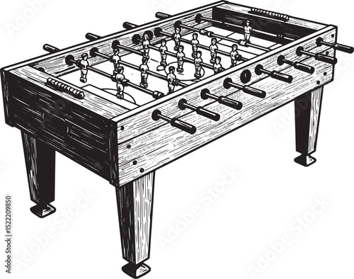 Monochrome Woodcut Style Illustration of a Classic Foosball Tabl