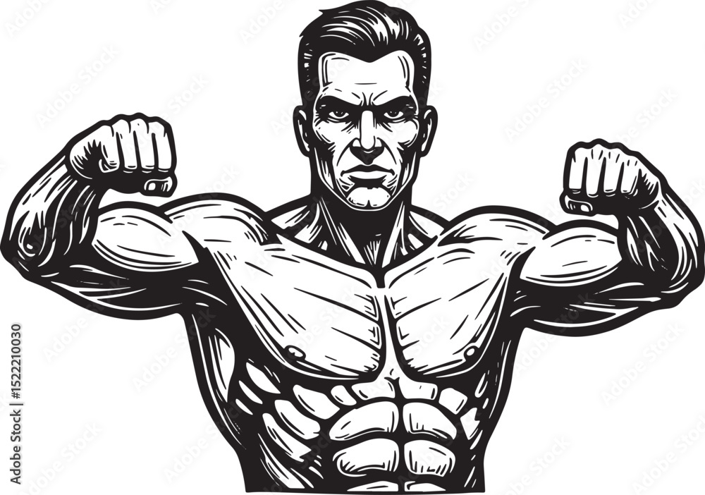 Obraz premium Powerful Muscular Man Flexing Biceps in Woodcut Style Illustrati