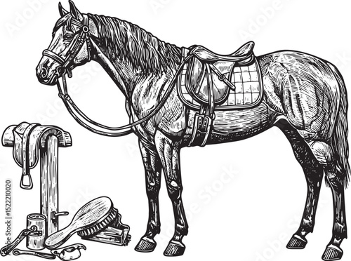 Detailed Woodcut Illustration of a Horse with Saddle and Groomin
