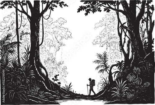 Monochrome jungle trekking scene with hiker in a dense black for