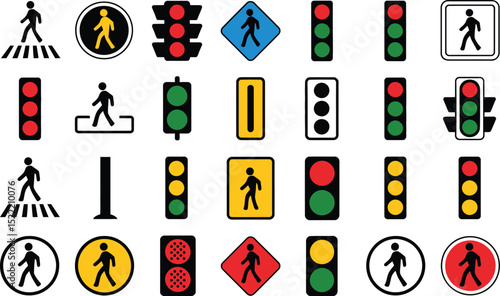 Traffic safety icons and pedestrian signals signs collection for web design