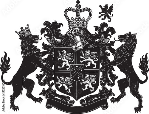 Ornate heraldic emblem featuring crowned canines and winged lion