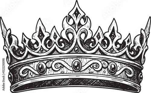 Elegant Monochromatic Crown Illustration with Detailed Woodcut S