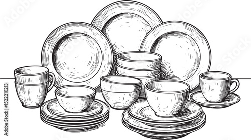 Elegant Dish Set Woodcut Illustration, Timeless Kitchenware Draw