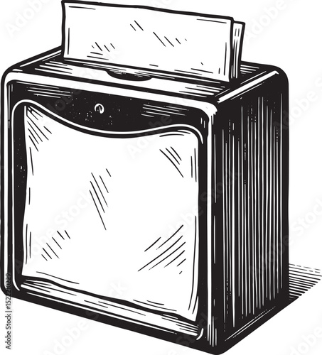 Vintage napkin dispenser illustration, monochrome woodcut style,