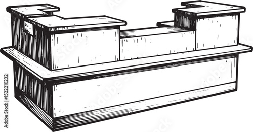 Monochrome Reception Desk Illustration with Woodcut Drawing Styl