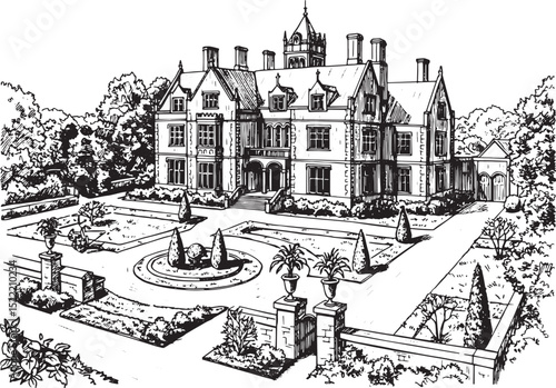 Elegant Estate, A Detailed Woodcut Style Illustration of a Grand
