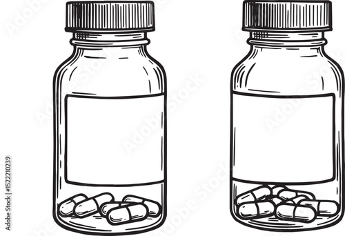 Detailed Woodcut Drawing of Smart Pill Bottles in Black and Whit