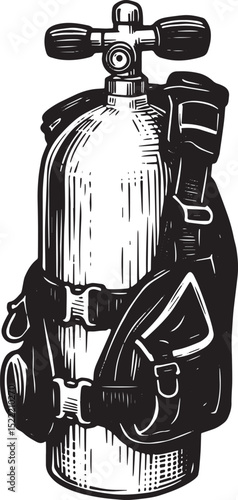 Detailed Woodcut Illustration of a Scuba Tank for Underwater Adv