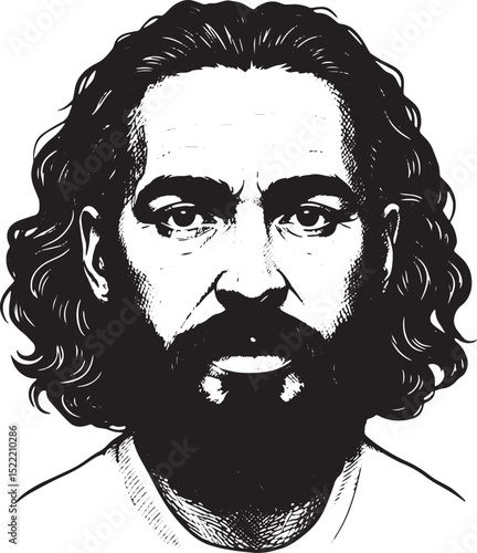 Detailed Woodcut Portrait of a Bearded Man with Wavy Hair in Bla