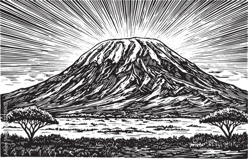 Monochrome Woodcut Illustration of Mount Kilimanjaro at Sunrise